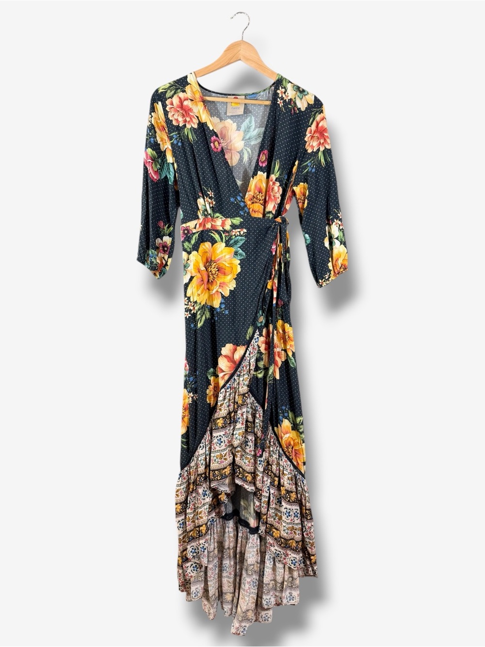Anthropologie Farm Rio Majorca Wrap Dress Size S Blue Floral Polka Dot Hi Low - Picture 2 of 15
